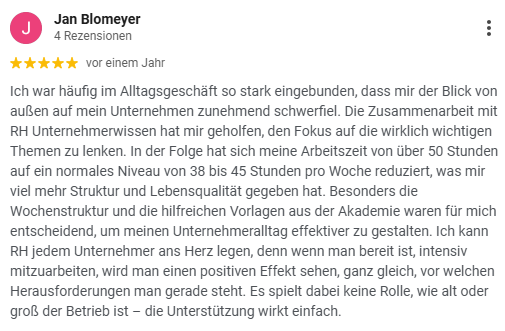 Google Bewertung von Jan Blomeyer